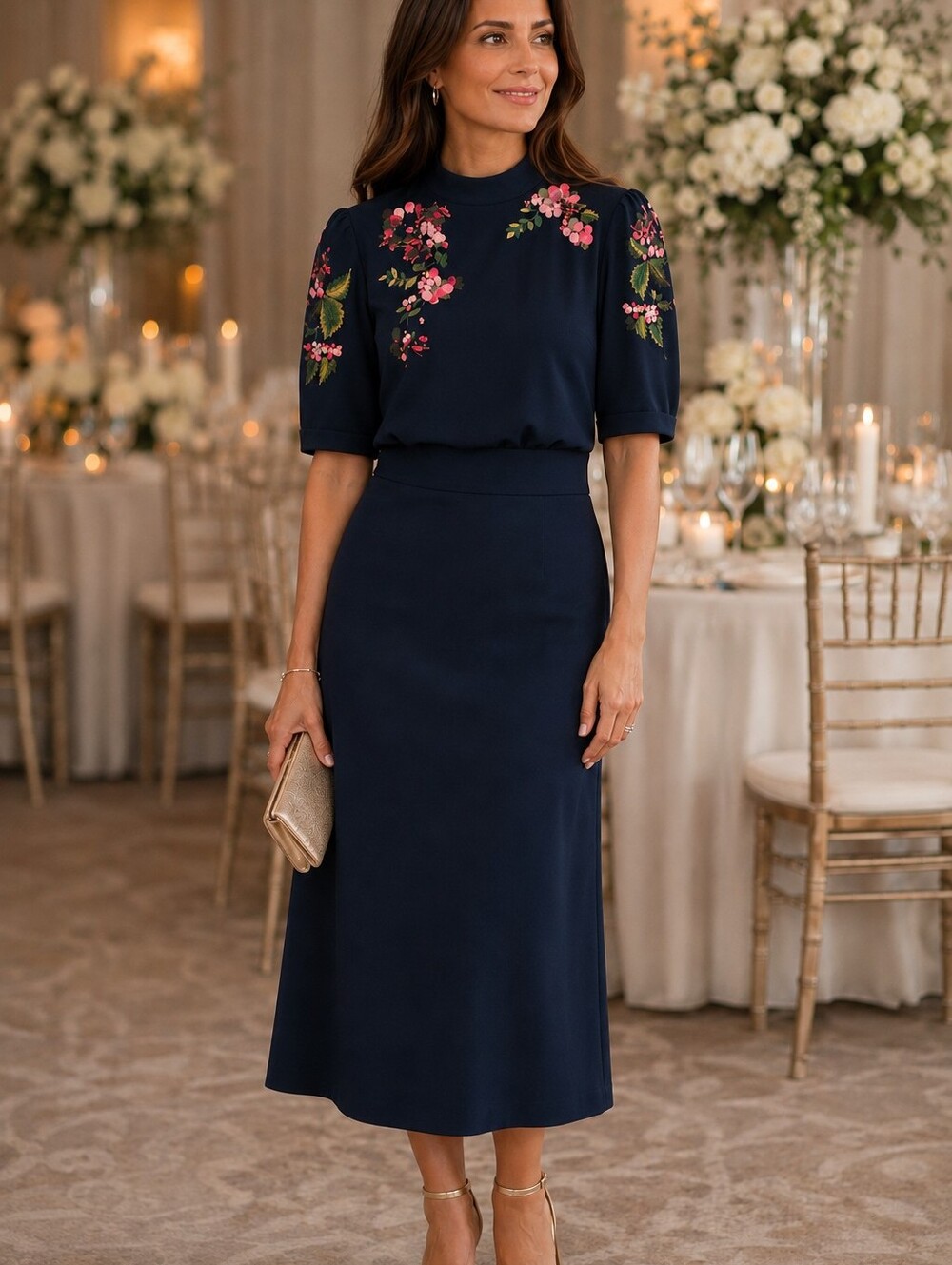 Hope & Ivy Navy Floral Embellished Midi Dress Size 12 Wedding Guest
